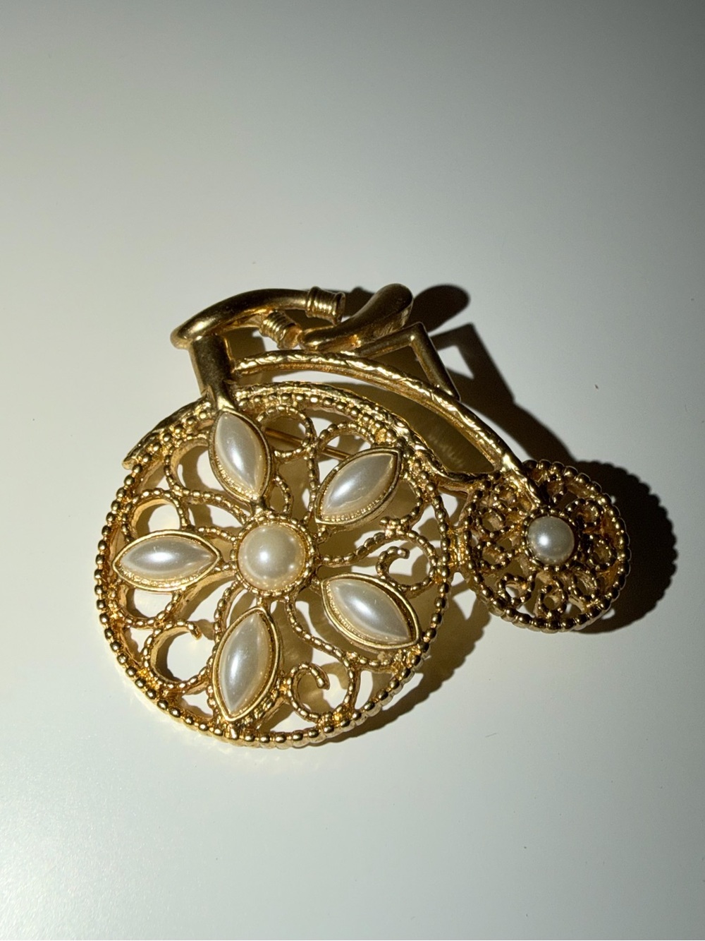 Vintage 1928 Gold-Tone & Faux Pearl High Wheel Pin Brooch